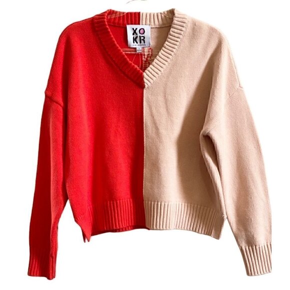 XO Kerri Rosenthal Heart Color Block V-Neck Sweater Sz M Radiant red pink blush - Picture 3 of 11